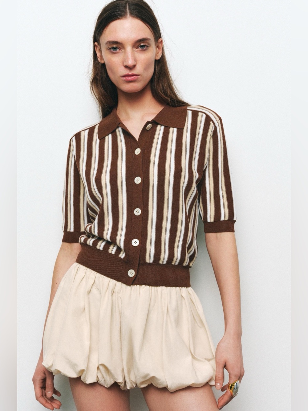 Zara Striped Button-Front Polo Top in Brown and Cream, Size L
